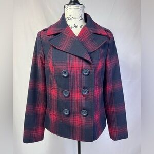Old Navy Plaid Black and Red Blend Pea Coat Womens size Medium